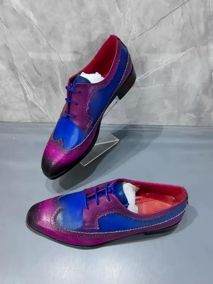 Chaussures en cuir à bout carré patchwork bleu violet pour hommes
