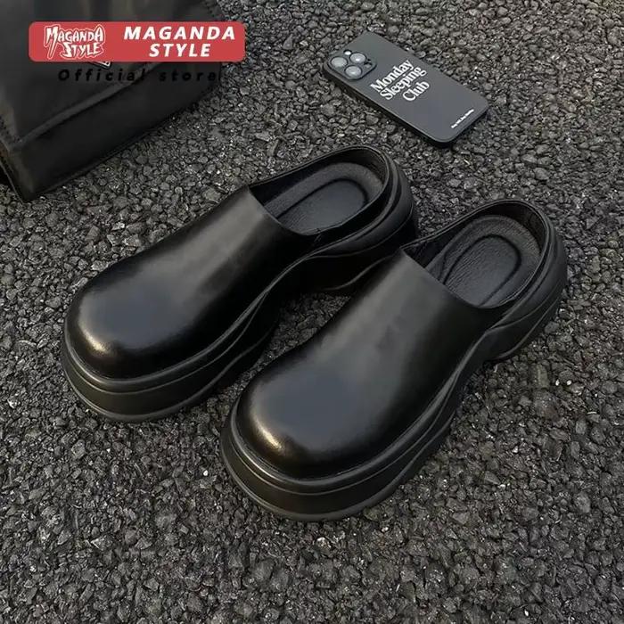 Pantoufles en cuir de pain pour hommes avec une augmentation de hauteur de 6 cm petite stature sans talons mules en noir simple et décontracté