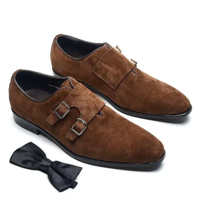 Classique Double boucle moine sangle hommes chaussures habillées vache daim cuir pointu casquette orteil affaires fête mariage chaussures formelles pour homme