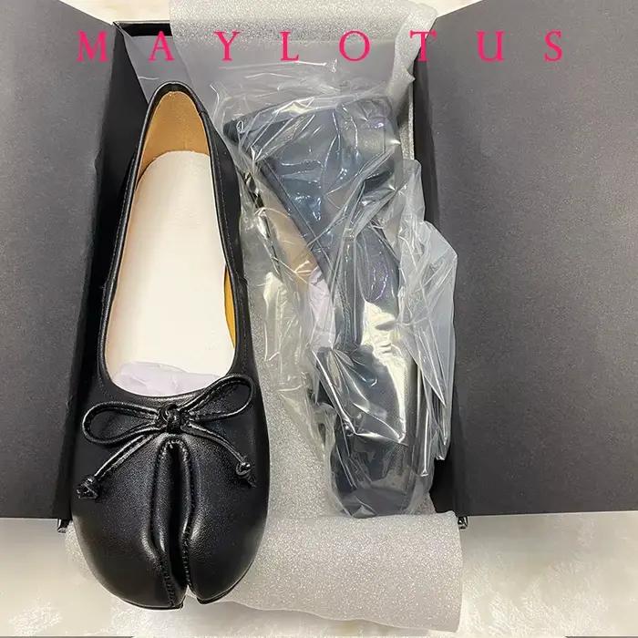 Chaussures Tabi à bout fendu, talon de 3 cm, en cuir, confortables, à semelle souple, mocassins pour femmes avec nœud