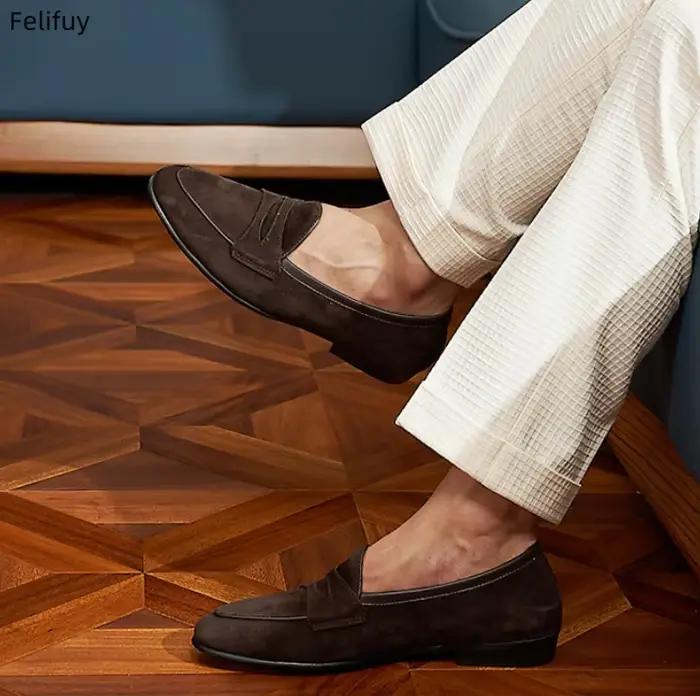 Mocassins en cuir véritable suédé marron beige pour hommes