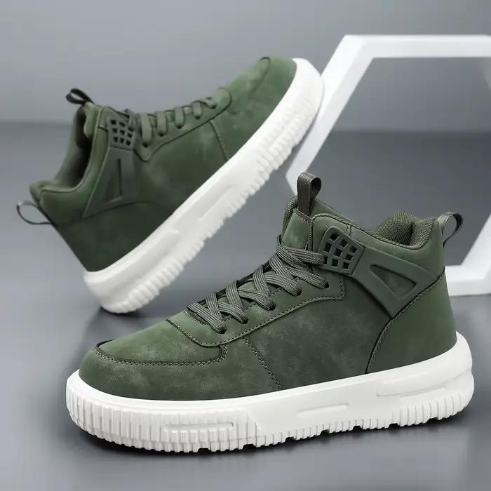 Baskets montantes vertes en cuir pour hommes, style streetwear, bottines, chaussures brogues pour hommes, confortables, à lacets, plateforme, pour hommes décontractés