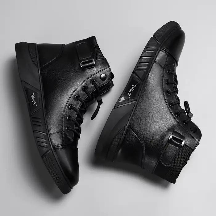 Bottes de rinçage en cuir noir pour hommes style britannique printemps automne confort plat forme de bout rond occassions extérieures et travail
