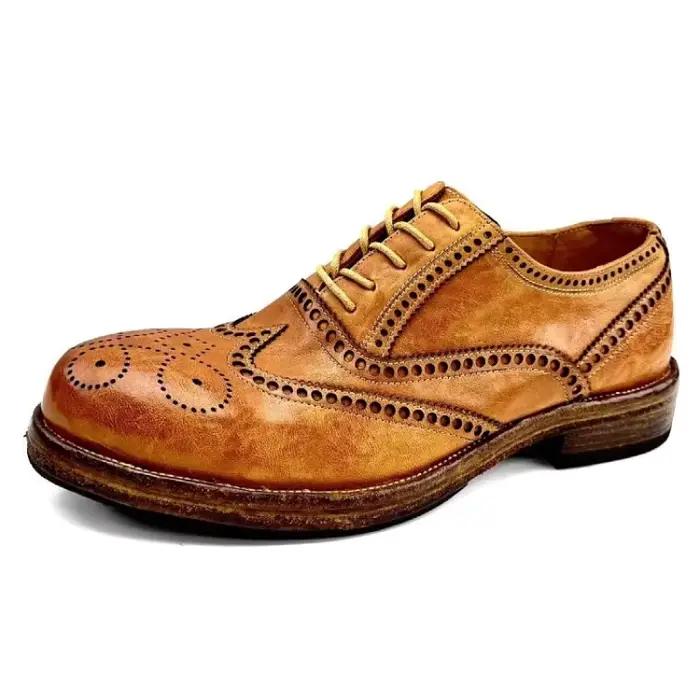 Chaussures pour hommes faites à la main à semelles épaisses en cuir véritable peau de cheval décontracté richelieu