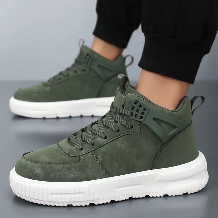 Baskets montantes vertes en cuir pour hommes, style streetwear, bottines, chaussures brogues pour hommes, confortables, à lacets, plateforme, pour hommes décontractés