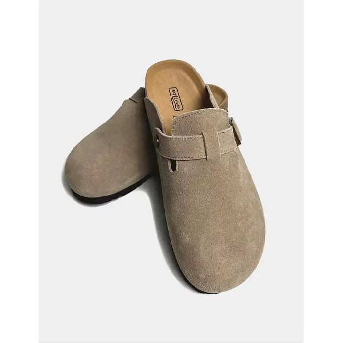Mules Boston en daim avec semelle en liège pour femmes et hommes, chaussures zuecos confortables et soutien de la voûte plantaire pour diverses occasions