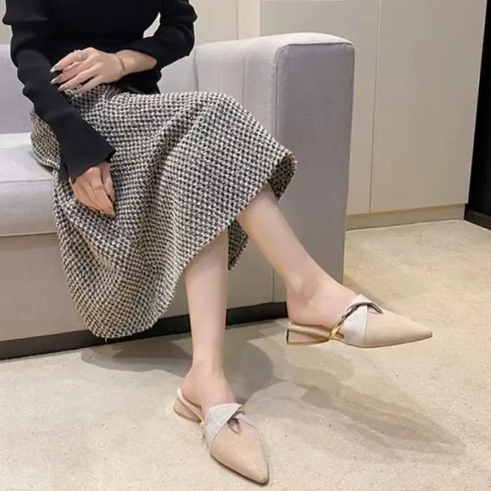 Mules tendance Baotou - Été 2026 - Patchwork en cuir français - Talon bas - Bout pointu - Chaussures sexy pour femmes - Tailles 35-42