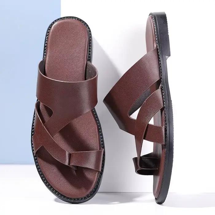 Sandales pour hommes, pantoufles en cuir véritable, marque de luxe, chaussures plates décontractées antidérapantes pour la plage, Sandalia Zapatos Hombre 2024