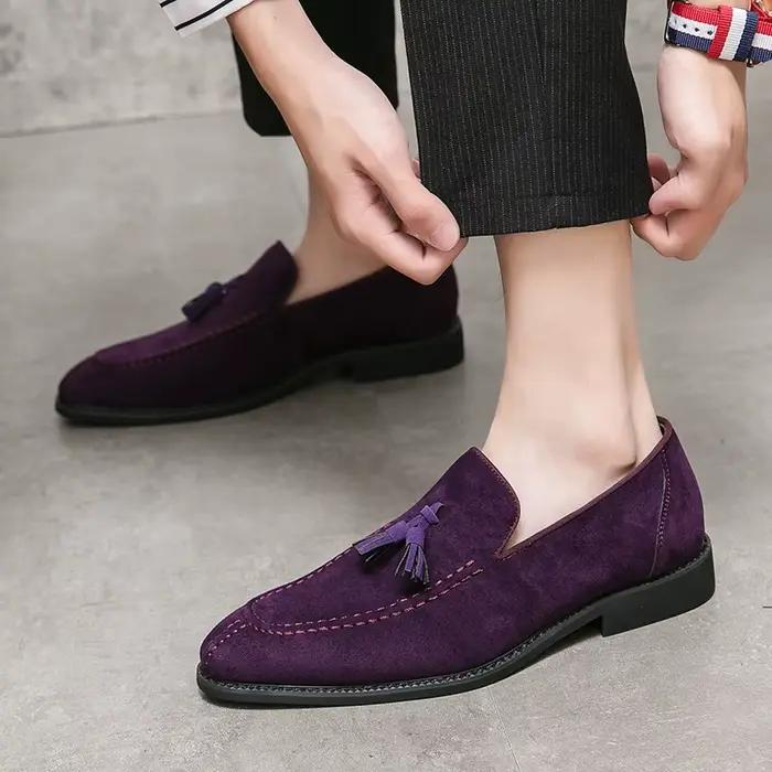 Nouveau Designer britannique daim cuir gland chaussures décontractées pour hommes violet bleu marron mocassins mariage bal retour fête chaussures