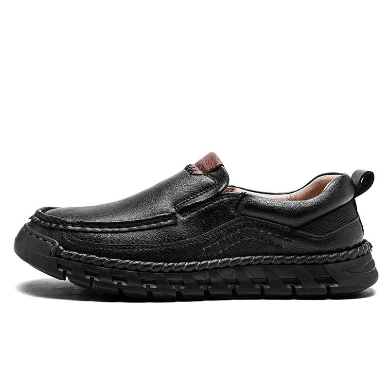 Mocassins rétro en croûte de cuir véritable pour hommes, chaussures classiques, couture, confortable