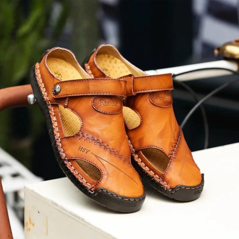 Sandales d'été pour hommes, chaussures de marque en cuir véritable, chaussures romaines classiques, baskets d'extérieur, sandales de plage en caoutchouc pour Trekking