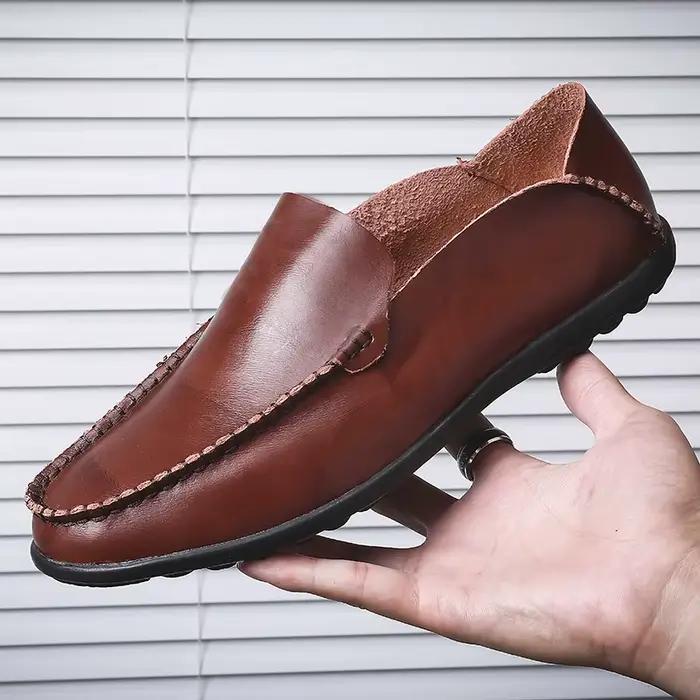 Chaussures pour hommes en cuir véritable souple de haute qualité, mocassins décontractés à enfiler,