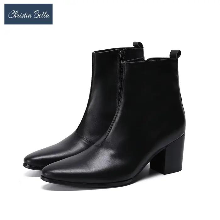 Christia Bella en cuir véritable hommes bottes à talons hauts bout pointu robe de soirée bottes mode