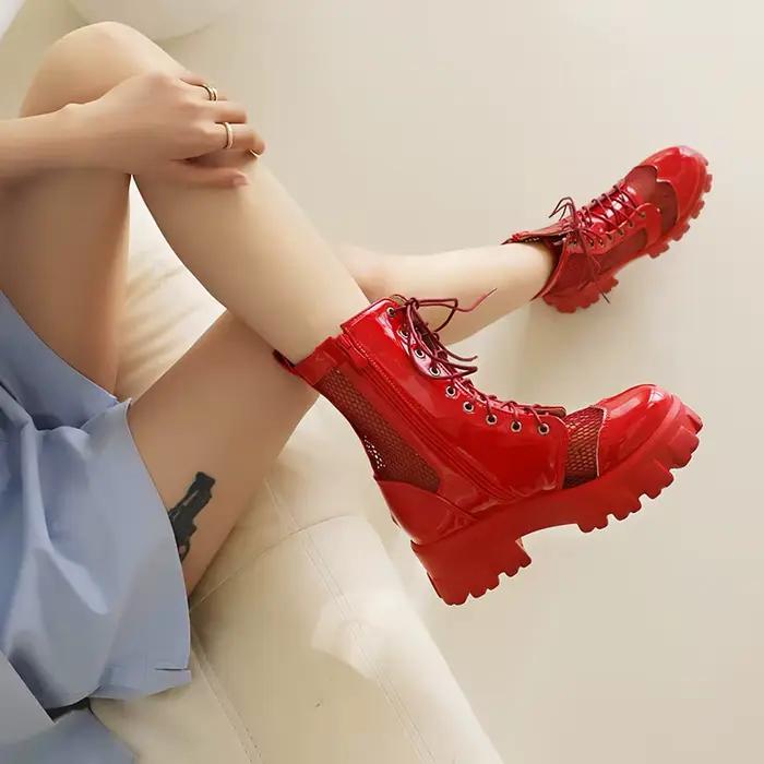 Bottes courtes respirantes à talons plats et semelle épaisse, chaussures hautes en maille avec lacet