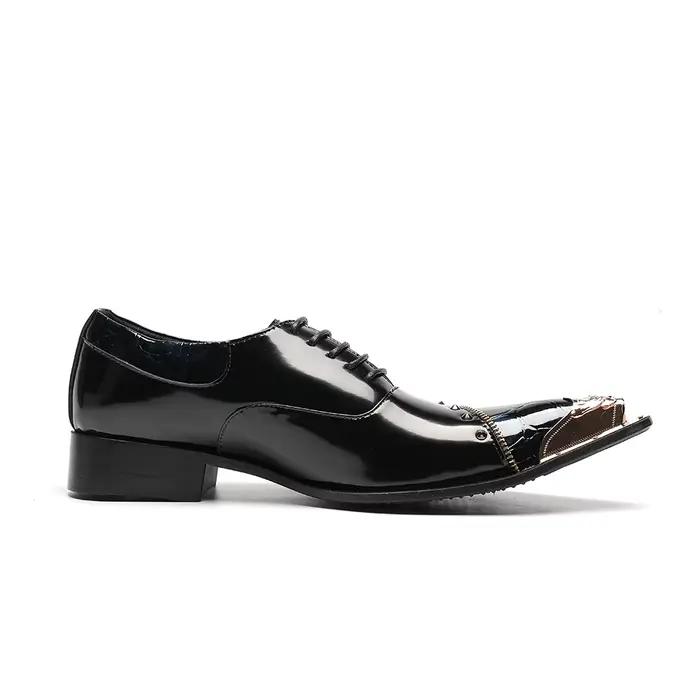 Zapatos-Chaussures provoqué pointues en métal noir pour hommes, Brogues en cuir véritable pour homme
