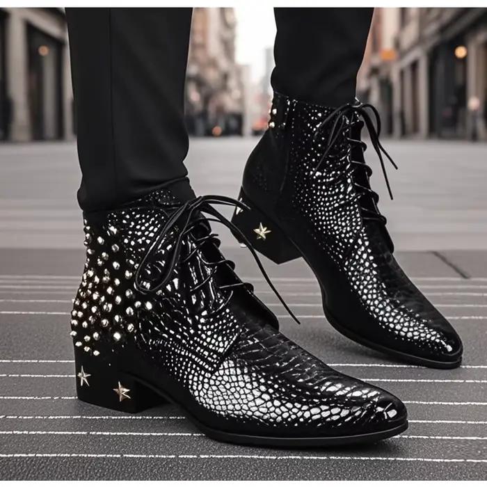 Bottes provoqué pointues en cuir véritable pour hommes, chaussures à rivets, cuir brillant, haute qu
