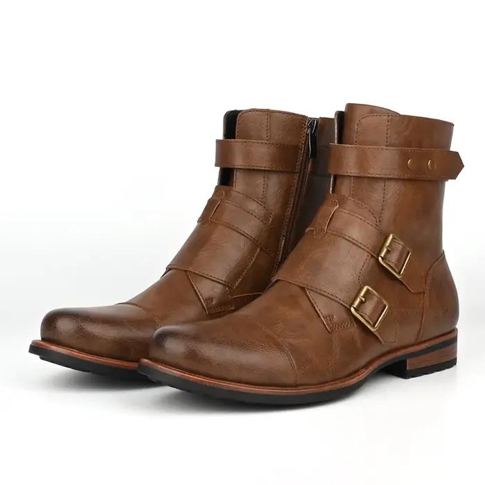 Bottes en denim à talons bas pour hommes, fermeture éclair latérale, structure en métal, bottes vint