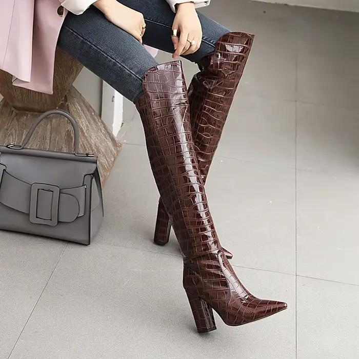Bottes longues en microcarence à imprimé pierre, bottes au-dessus du genou, Parker pointu, doublure