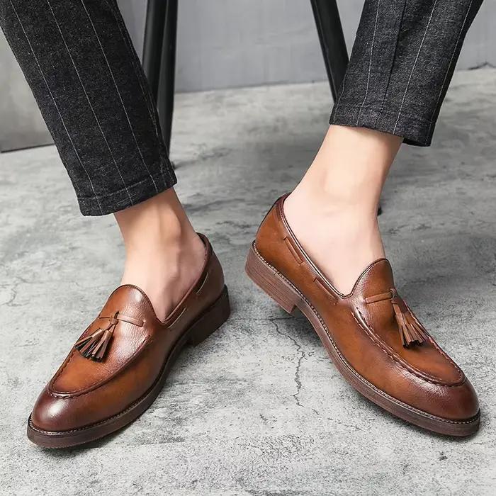 Chaussures en cuir pointues pour hommes, chaussures de mariage décontractées, frange Bullock, semell