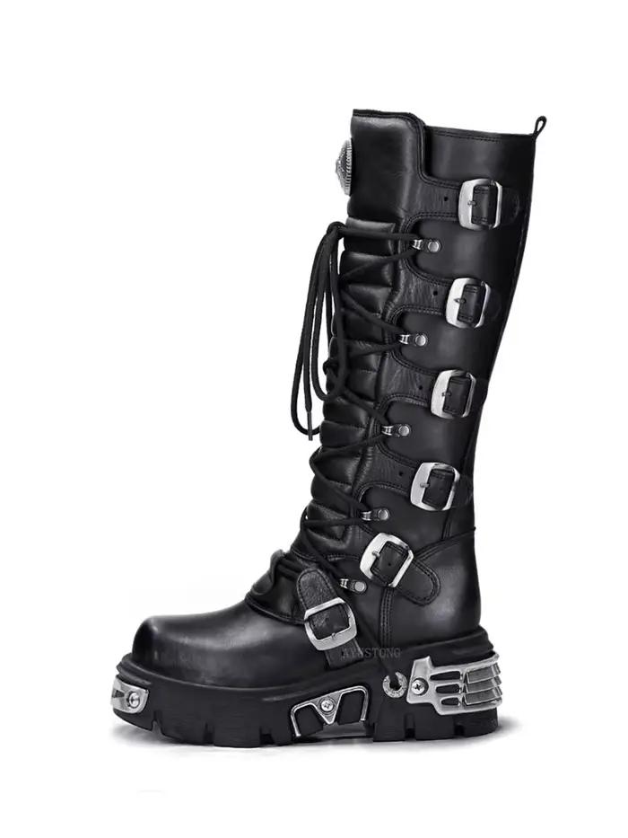 Rock Punk moto bottes genou haute Style foncé bout rond fond épais en cuir véritable couleur unie mo