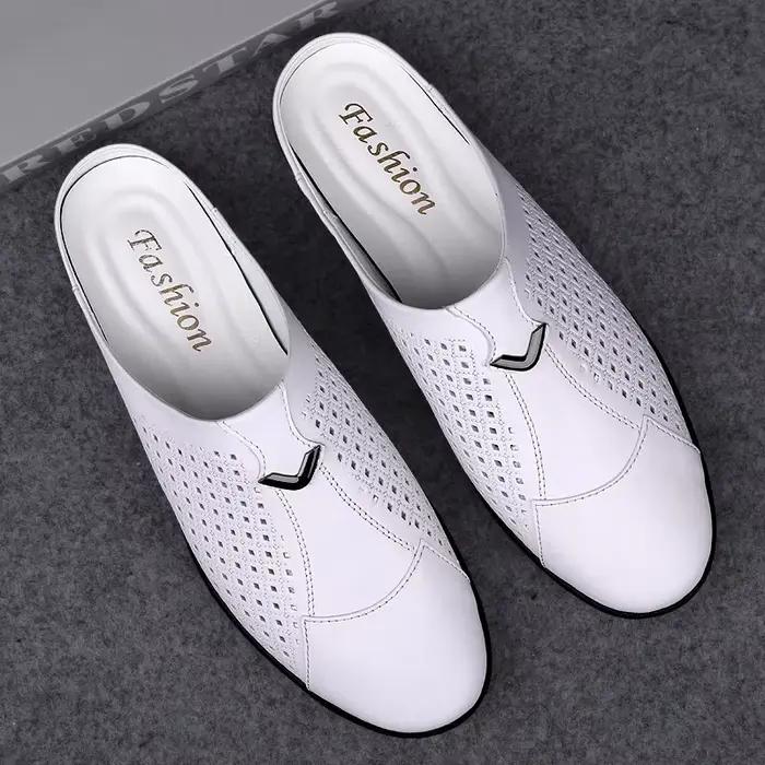 Mocassins d'été en cuir pour hommes, chaussures de conduite, mules, tennis, blanc, 2024