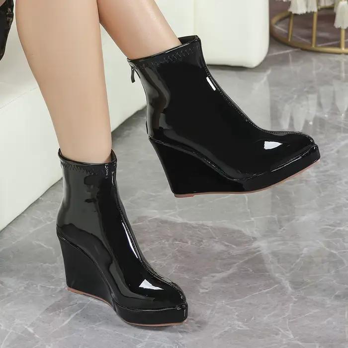 Bottes courtes en cuir verni de Style britannique, bordeaux, bout pointu, plateforme compensée, chau