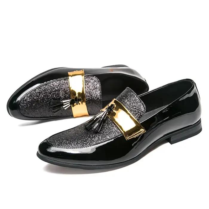 Chaussures plates noires et dorées pour hommes, en cuir PU, décontractées, nouvelle collection 2020