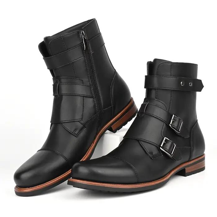 Bottes en denim à talons bas pour hommes, fermeture éclair latérale, structure en métal, bottes vint