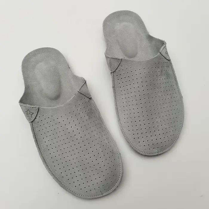 Pantoufles mules en cuir naturel pour hommes, pantoufles d'été en cuir de vache creux, respirant, fo