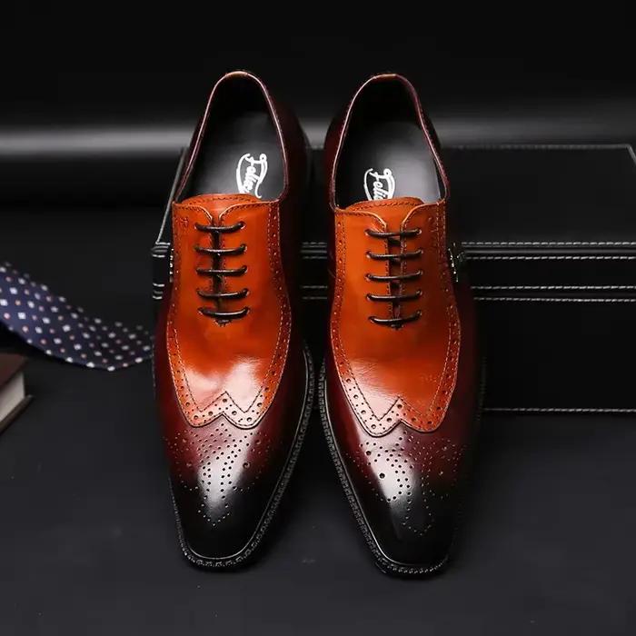 Chaussures habillées Oxford Brogue classiques pour hommes, chaussures de luxe en cuir de vache marro