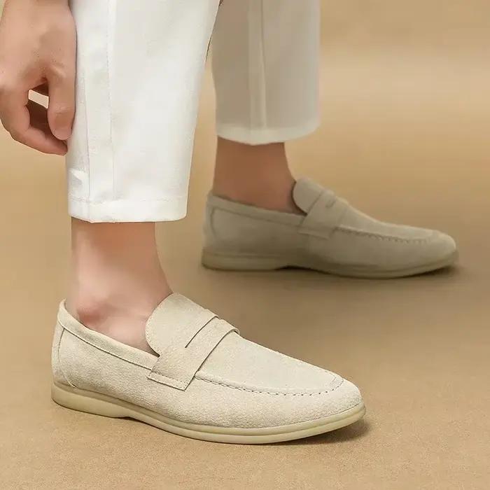 Chaussures décontractées en cuir véritable pour hommes, chaussures de conduite en daim, marque de lu