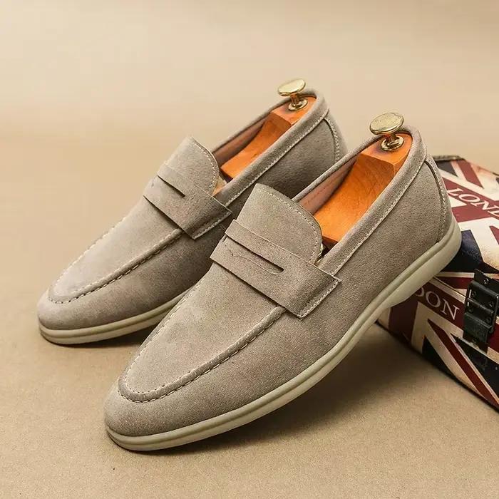 Chaussures décontractées en cuir véritable pour hommes, chaussures de conduite en daim, marque de lu