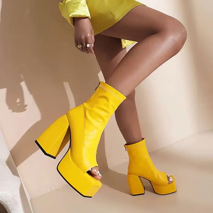 Bottes d'été respirantes à bout carré, talon épais Super haut, matériau en microfibre, bottes à bout