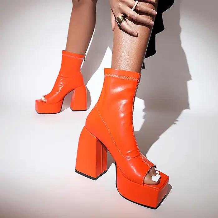 Bottes d'été respirantes à bout carré, talon épais Super haut, matériau en microfibre, bottes à bout
