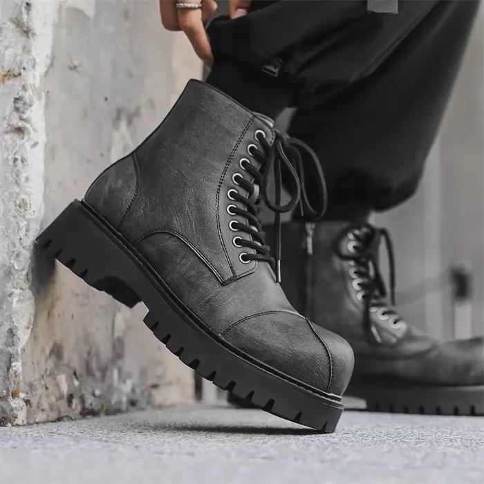 Bottes de moto hautes à lacets pour hommes, style britannique, chaussures en cuir, gros orteil, bott