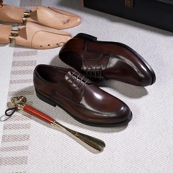 Chaussures Derby de Style italien pour hommes, faites à la main, en cuir véritable, bout uni, à lace