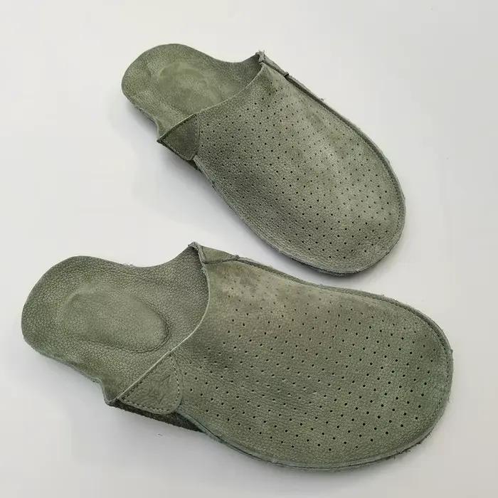 Pantoufles mules en cuir naturel pour hommes, pantoufles d'été en cuir de vache creux, respirant, fo