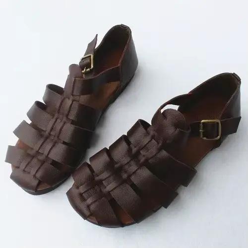 Careaymade-Sandales d'été en cuir de cirhide première couche, chaussures plates japonaises rétro à s