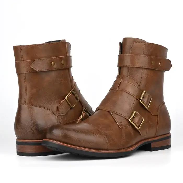 Bottes en denim à talons bas pour hommes, fermeture éclair latérale, structure en métal, bottes vint