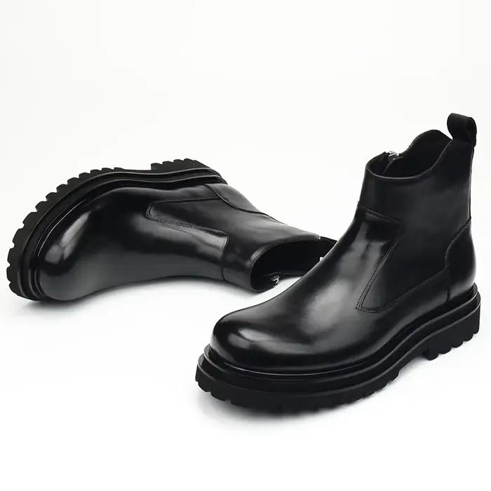 Chaussures montantes pour hommes, semelle épaisse, bout rond, en cuir véritable, style britannique,