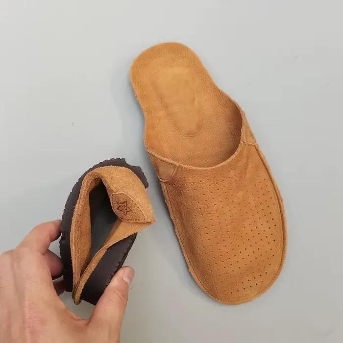 Pantoufles mules en cuir naturel pour hommes, pantoufles d'été en cuir de vache creux, respirant, fo
