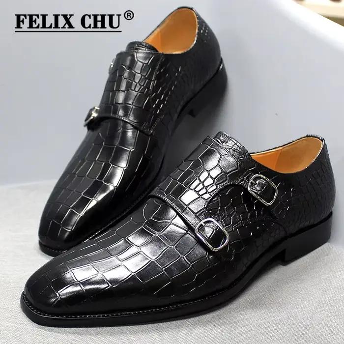 Chaussures formelles pour hommes en cuir de vache véritable motif Crocodile chaussure de moine chaus