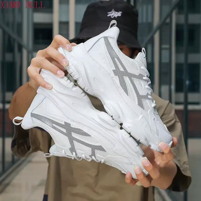Baskets blanches à talons cachés pour hommes, chaussures de travail de marche rehaussantes, de sport