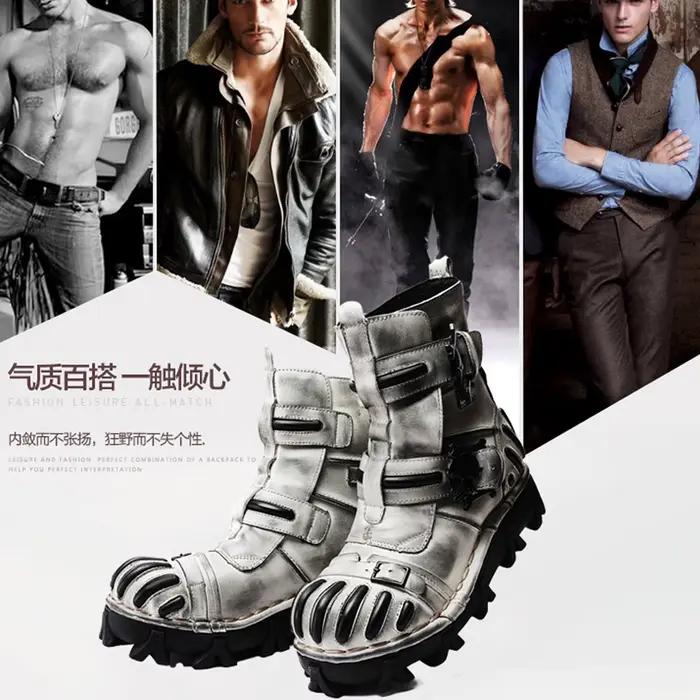 Bottes de moto rétro en cuir véritable pour hommes, mi-mollet, DulHigh Top, Western Riding, Gothic S