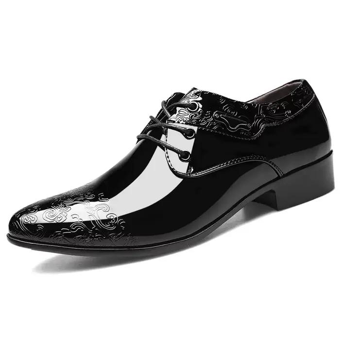 Chaussures à lacets en cuir verni noir pour hommes, chaussures provoqué d'affaires décontractées, ri