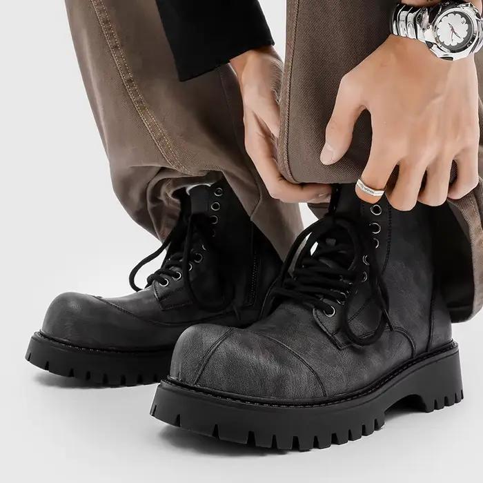 Bottes de moto hautes à lacets pour hommes, style britannique, chaussures en cuir, gros orteil, bott