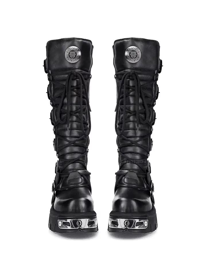 Rock Punk moto bottes genou haute Style foncé bout rond fond épais en cuir véritable couleur unie mode Sexy femmes chaussures nouveau