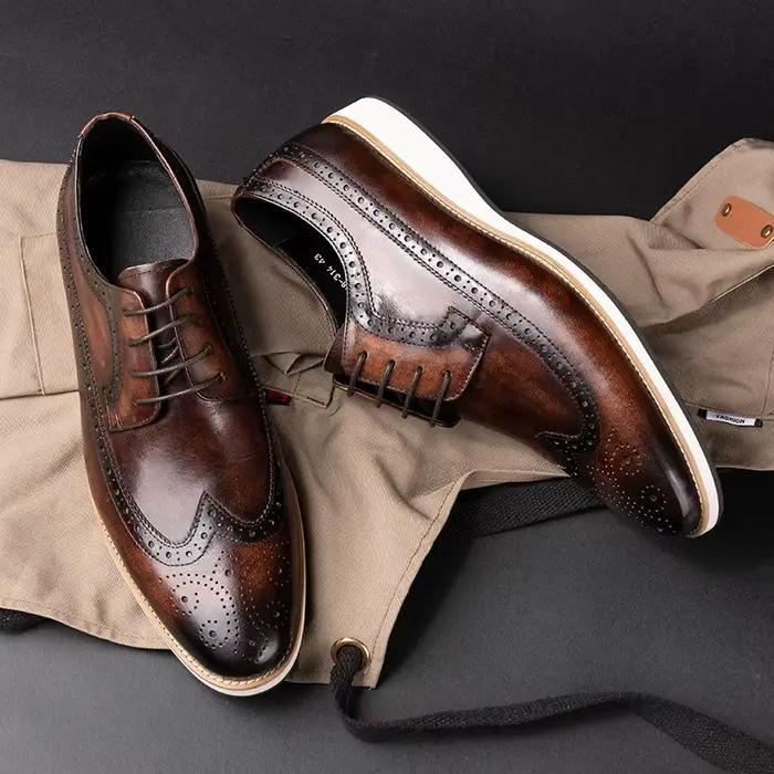 Brogues classiques hommes chaussures bureau d'affaires Oxfords décontracté à lacets mode hommes costumes chaussures en cuir pur bout d'aile rétro chaussures habillées