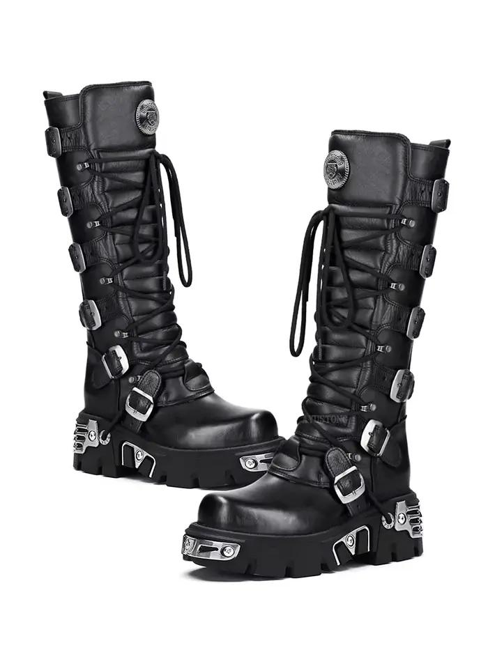 Rock Punk moto bottes genou haute Style foncé bout rond fond épais en cuir véritable couleur unie mode Sexy femmes chaussures nouveau