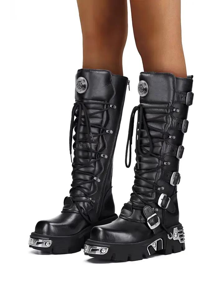 Rock Punk moto bottes genou haute Style foncé bout rond fond épais en cuir véritable couleur unie mode Sexy femmes chaussures nouveau